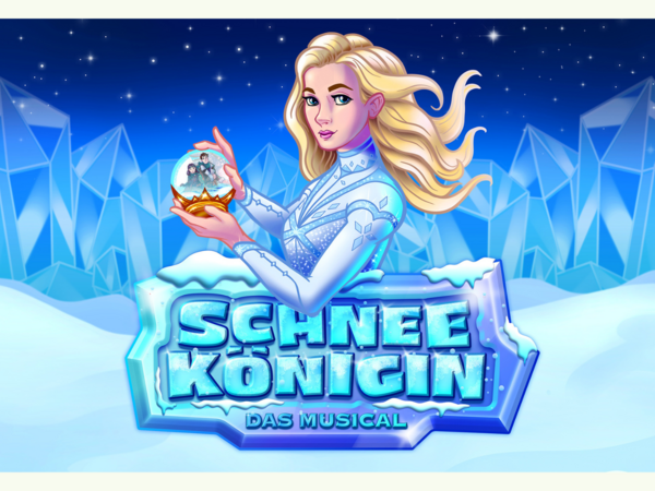 Illustration der Schneekönigin in elegantem hellblauen Kostüm, die vor einer eisblauen Winterlandschaft in der Hand eine funkelnde Schneekugel hält.