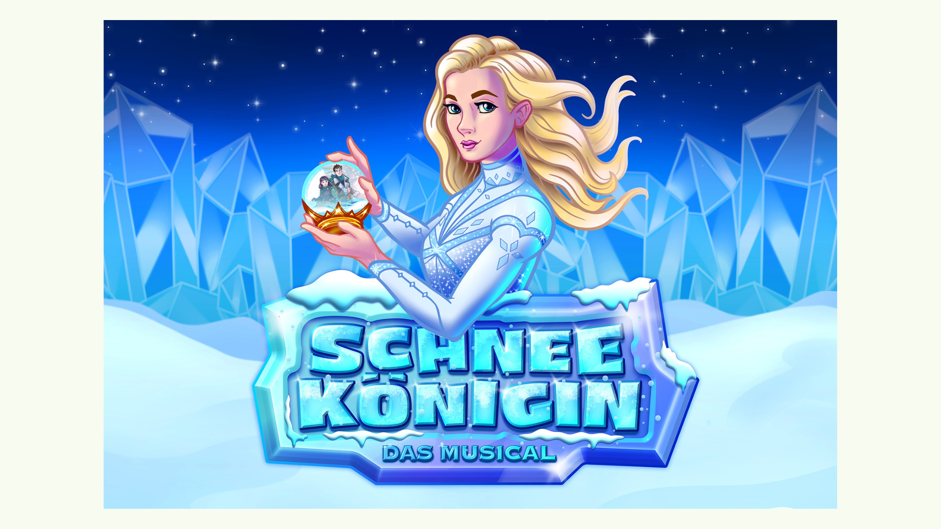 Illustration der Schneekönigin in elegantem hellblauen Kostüm, die vor einer eisblauen Winterlandschaft in der Hand eine funkelnde Schneekugel hält.